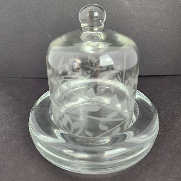 Vintage Miniature Glass Domed Butter Dish Etched Butterflies Vines Votive Candle - Picture 1 of 12